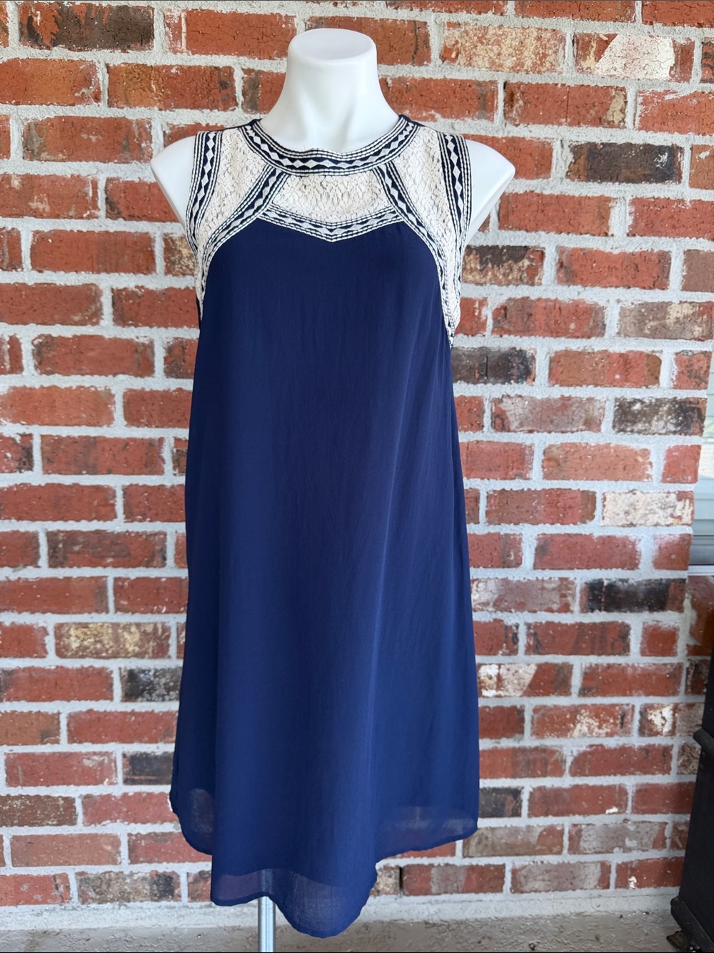 UE Navy Blue Sleeveless Dress with White Crochet Yoke